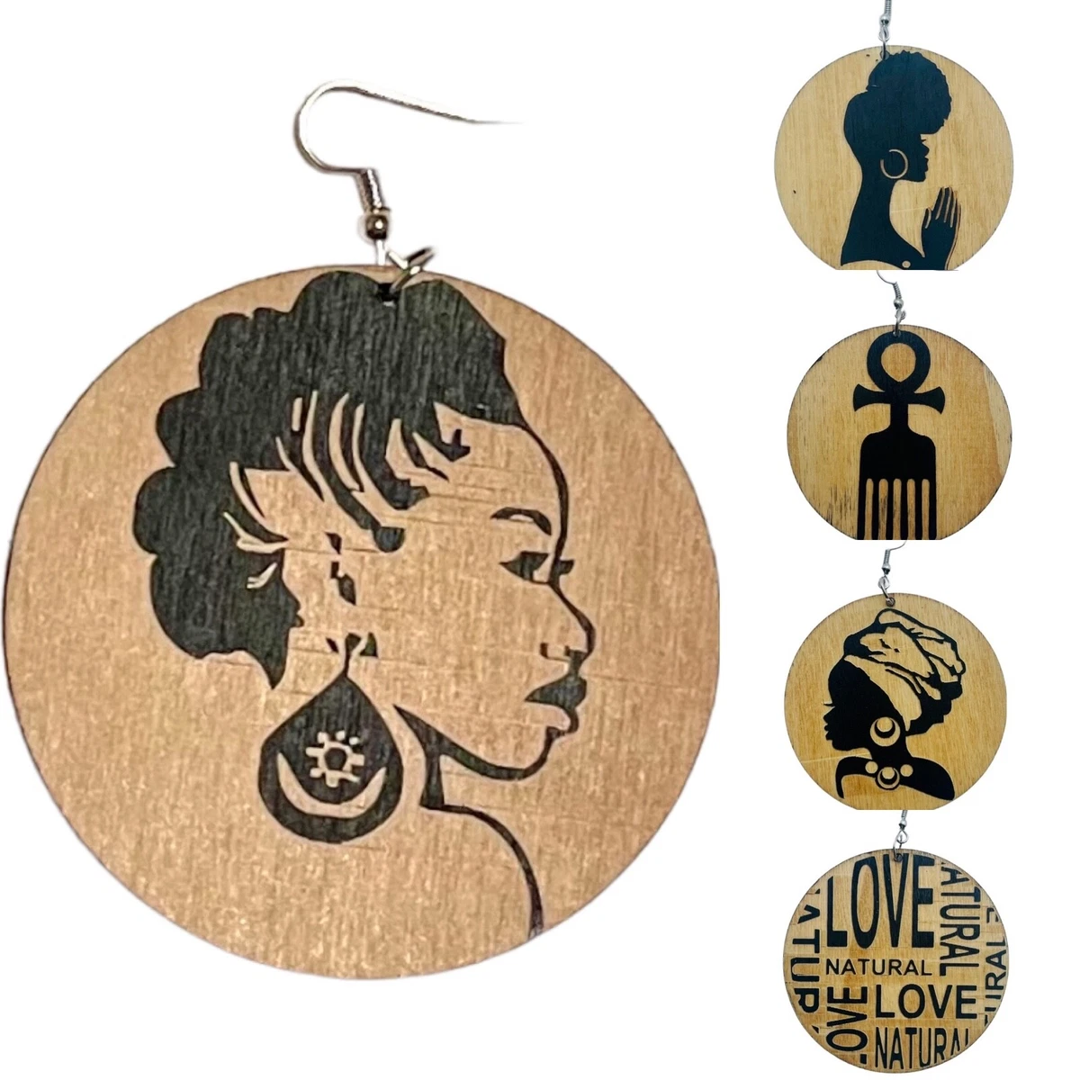 Large African Tribal Laser Cut Engraved Custom Wood Earrings