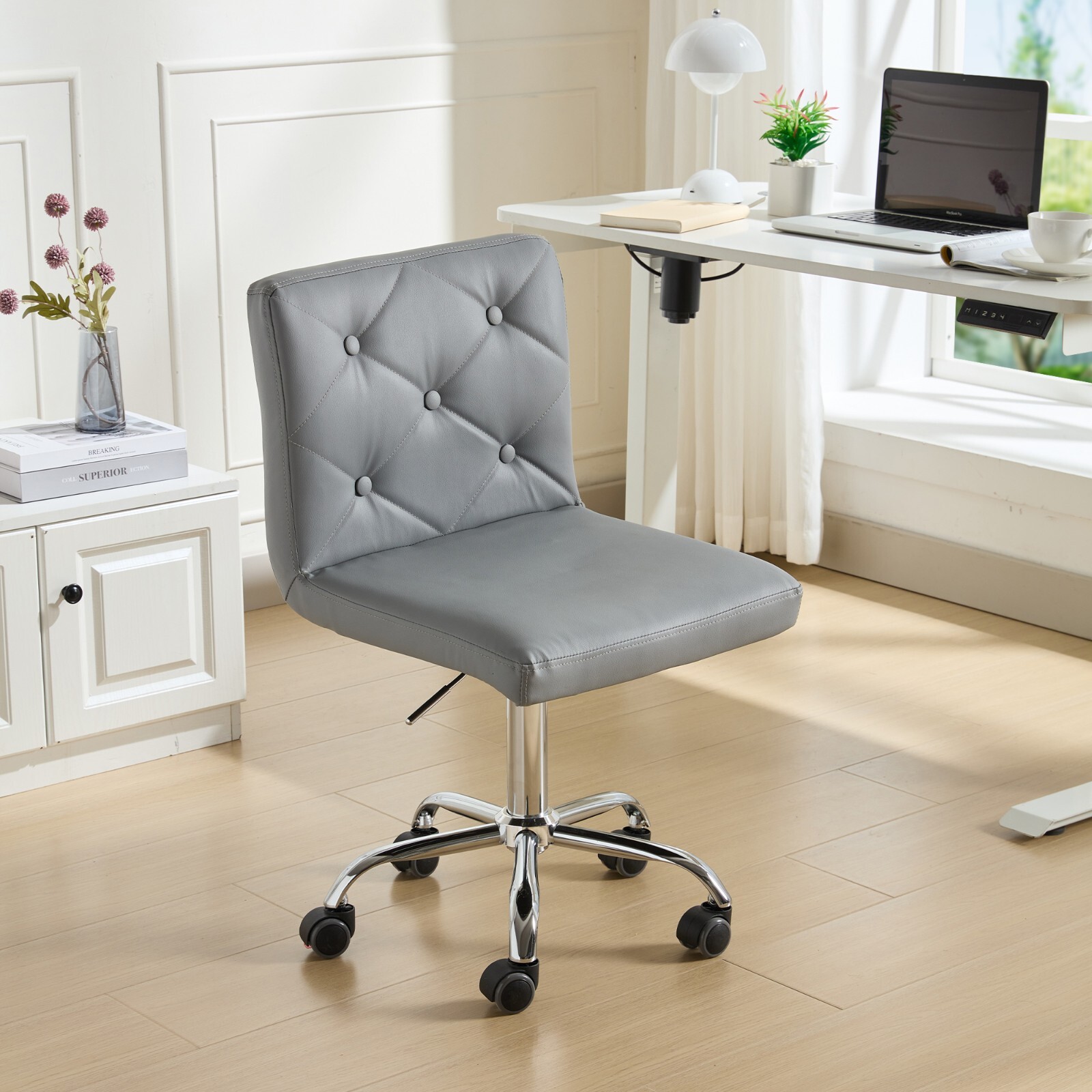 Armless Swivel Chair Leather Thick Cushion Adjustable Height