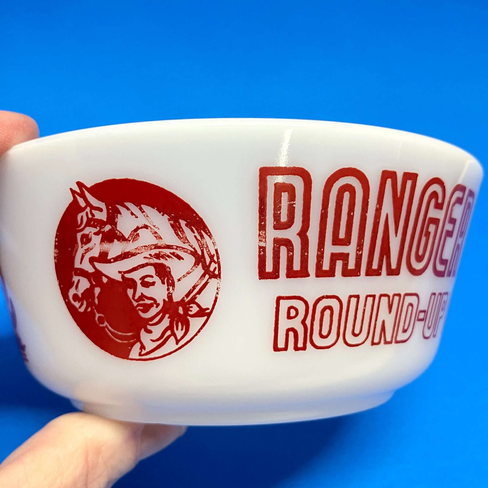 VTG 50s Ranger Joe Round Up 3PC Breakfast Set Hazel Atlas Milk Glass Mug & Bowls