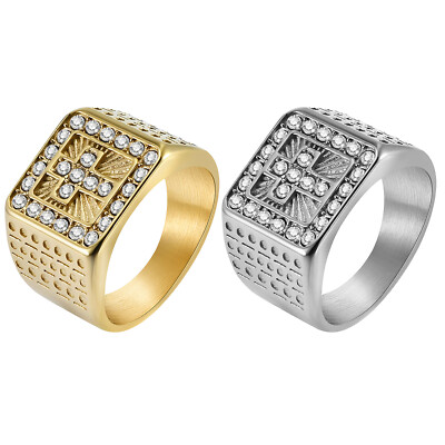 Mens Titanium Steel Religious Christ Cross Ring Rhinstone Hip Hop Statement  Band