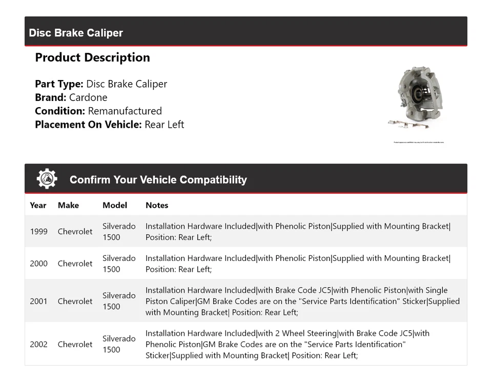 适用于 1999 - 2002 年雪佛兰索罗德 1500 盘式制动卡钳 左后 Cardone 2000 — 第 2/4 张图片