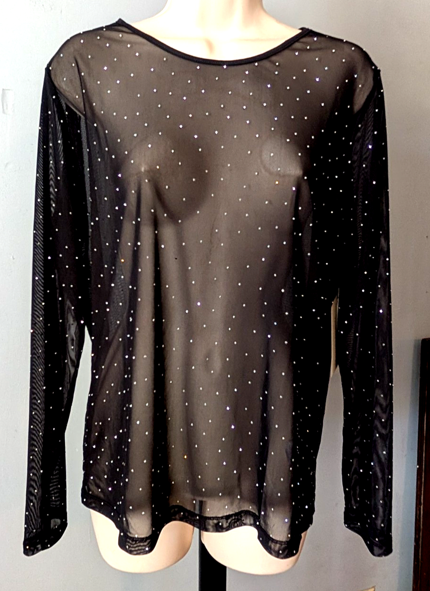 Frankee Skylarr sheer black top rhinestones size 1X Long Sleeve