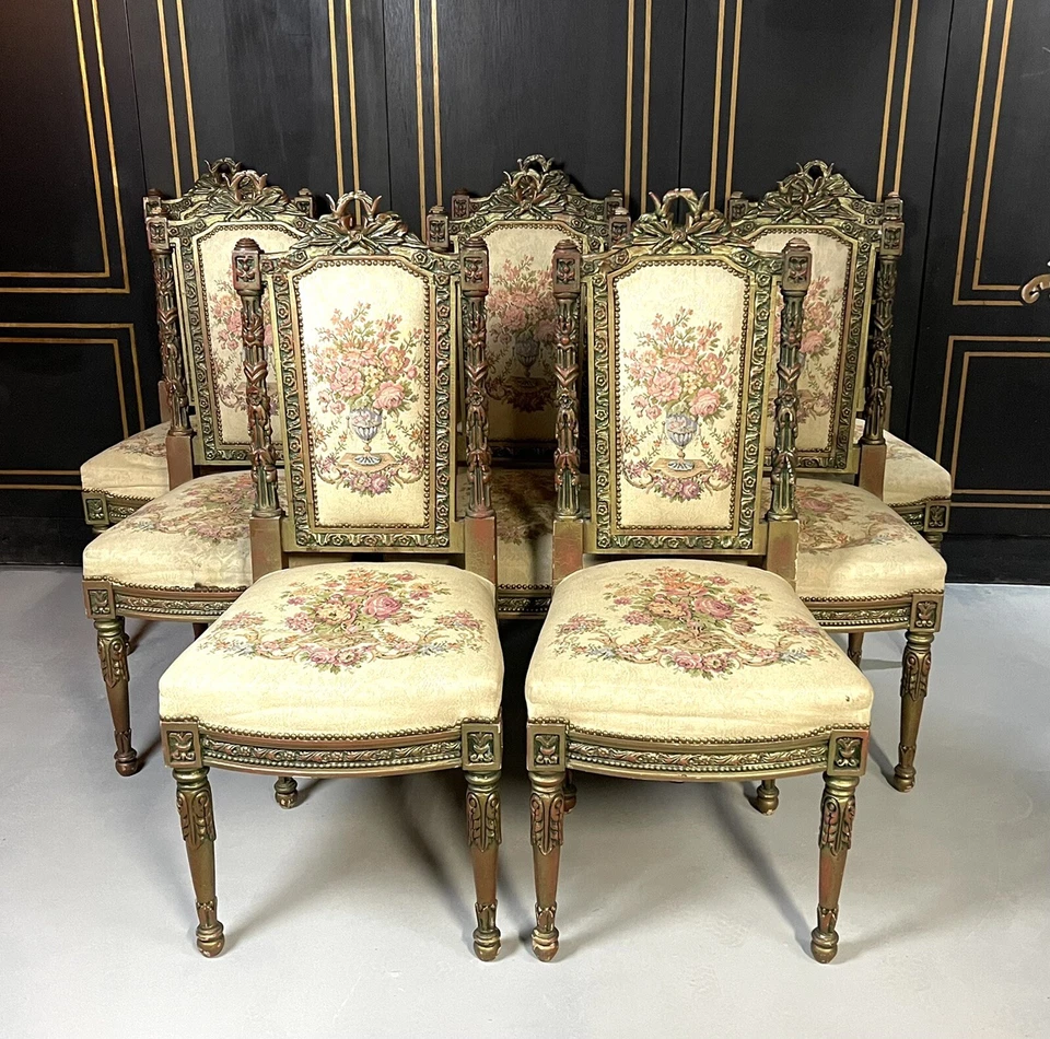 Juego de 8 sillas/comedor francesas talladas estilo María Antonieta culpadas antigüedades Foto 2 de 4