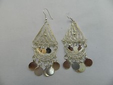 Egyptian Metal Silver Plated Triangle Coin Earrings 3" Long