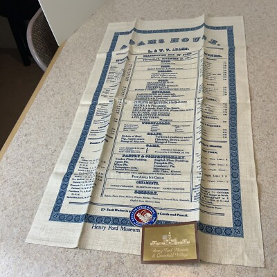 Stevens Linen VTG Ford Museum & Green Field Tea Towel Restaurant Menu NWT