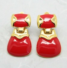 Stunning 1980s Vintage Red Enamel Door Knocker Drop Clip On EARRINGS Jewellery