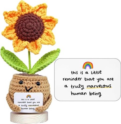Handgefertigte positive Sonnenblumen-Häkelpuppe mit Karte - dies ist eine kleine Erinnerung