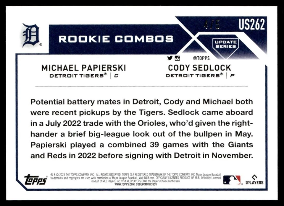2023 Topps Update Witches Hat Cody Sedlock/Michael Papierski 4/5 Detroit Tigers - Image 2 of 2