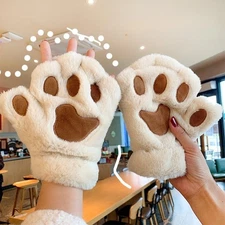 Warm Fluffy Cat Paw Half Finger Gloves Soft Plush Mittens