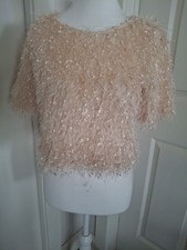 Mango Fringe Short Sleeved Top Size XS Beige Beautiful Party Or Casual