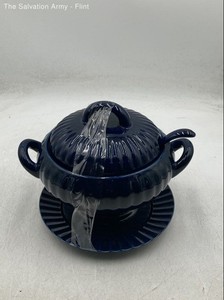 Blue Ceramic Mid-Century Cover & Spoon Soup Tureen Dish With Underplate
