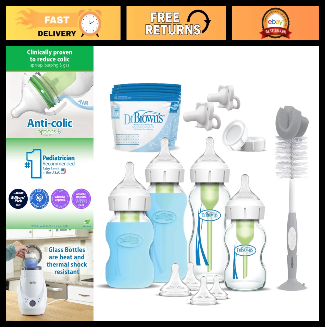 Anti-Colic Wide-Neck Glass Baby Bottle Starter Set - Silicone Sleeves, Nipples,