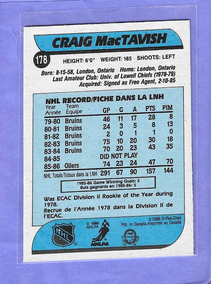1986-87 O-Pee-Chee Craig MacTavish RC Edmonton Oilers #178 NM-MT - Image 2 of 2