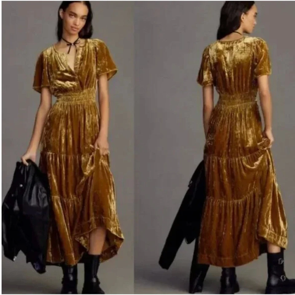 Maxi Vestido Anthropologie Terciopelo Pequeño Dorado Boho Lujo En Niveles Fiesta Vacaciones Glamour Foto 2 de 4