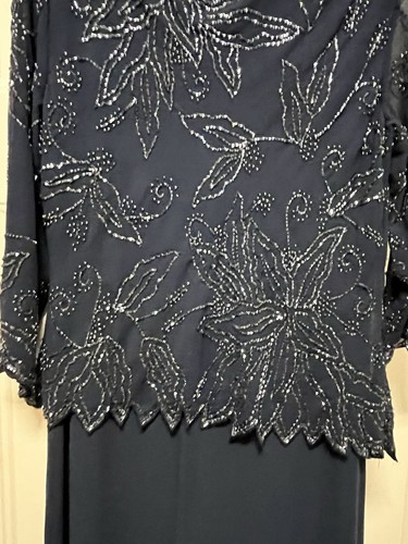J Kara Women's Petite floral Beaded Pop Over Gown Navy/Luster/Grey Size 14P - Picture 4 of 7
