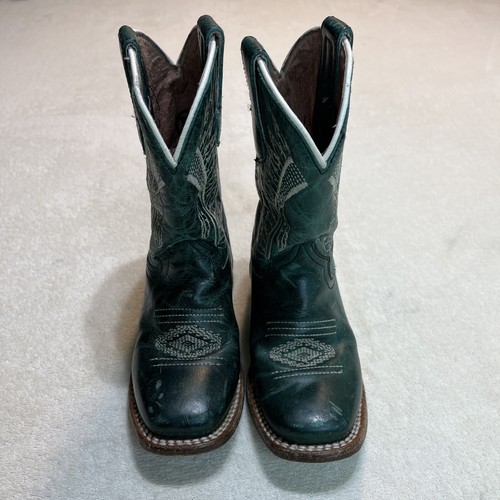 Roper Cowboy Boots Little Kids Sz 10 Teal Leather Square Toe Pull On Embroidered - Picture 4 of 14