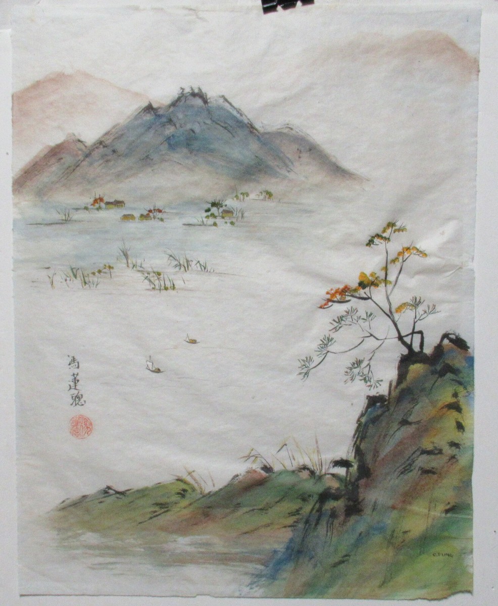 C.FUNG CHINESE FISHERMAN BOATS RIVER MOUNTAIN ORIGINAL WATERCOLOR