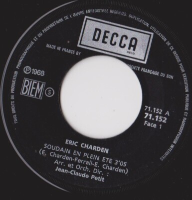 ERIC CHARDEN PLÖTZLICH IM SOMMER /EXCUSE-MOI FRENCH 45 SINGLE JEAN-CALUDE PETIT