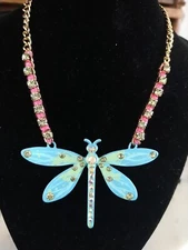 BETSEY JOHNSON BLUE AND GREEN DRAGONFLY STATEMENT NECKLACE WITH BLING 