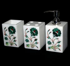 White Marble Inlay Bathroom Accessories Set Soap Dispenser, Tumbler, Cotton Box