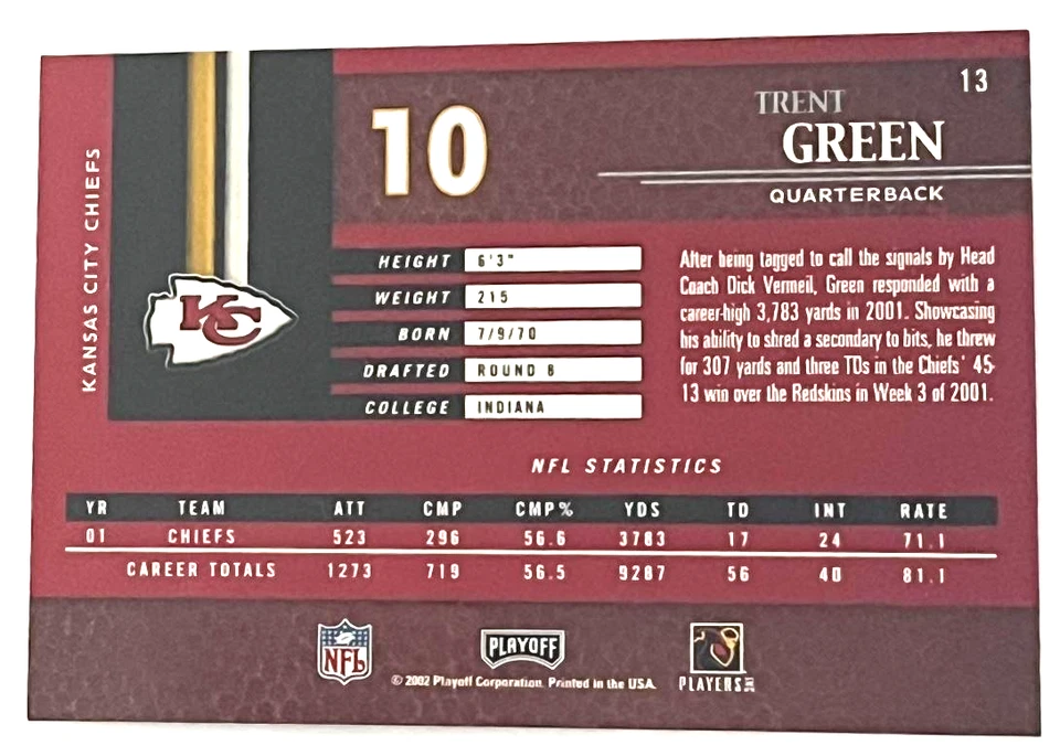 2002 Playoff Piece of the Game #13 Trent Green Kansas City Chiefs - Image 2 of 2