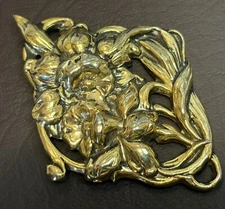 Vintage Repousse Floral Flower Gold Tone Brooch Pin Victorian Nouveau Revival