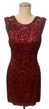 SCALA Cranberry/Red Silk Full sequin/Beaded Open Back Mini Dress Formal-Size 10