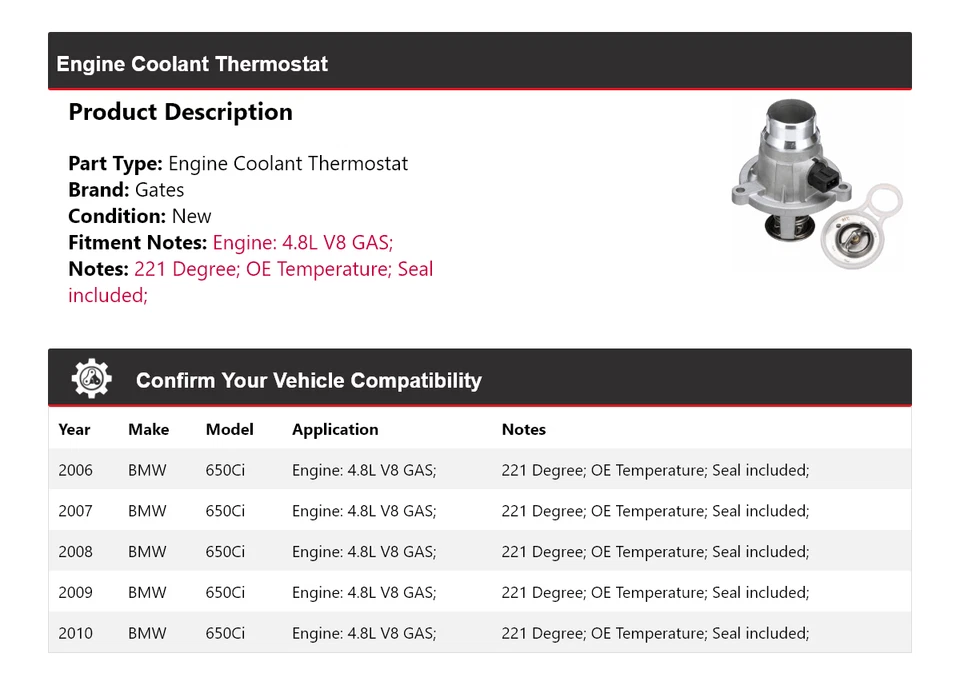Para BMW 650Ci 2006-2010 4,8 L V8 motor gas refrigerante termostato puertas 2007 2008 Foto 2 de 4