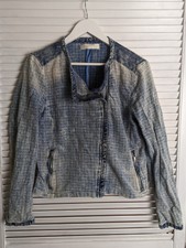 Gas Womens Denim Style Biker Jacket Asymetric Zip Size Large 40" Bust Distressed