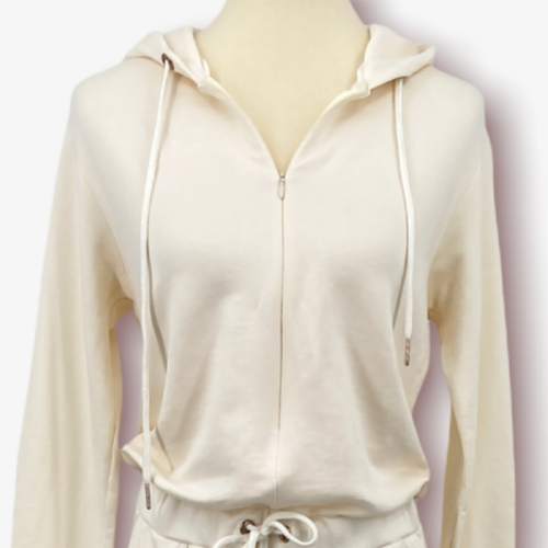 Monrow Jumpsuit Womens Medium Ivory Zip Up Fleece Hooded Tie Waist Jogger Lounge - Picture 3 of 12