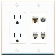 CAT6 COAX 2 PHONE Port Wall Plate w/Power Outlet White