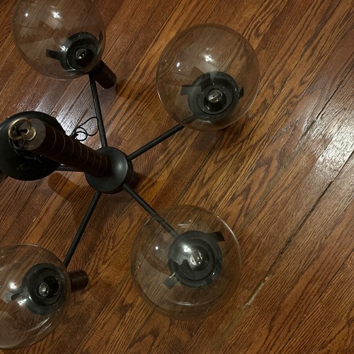 MCM MID CENTURY MODERN DANISH 5 Arm Chandelier Wood Metal Smoked Glass Globe - Picture 2 of 12