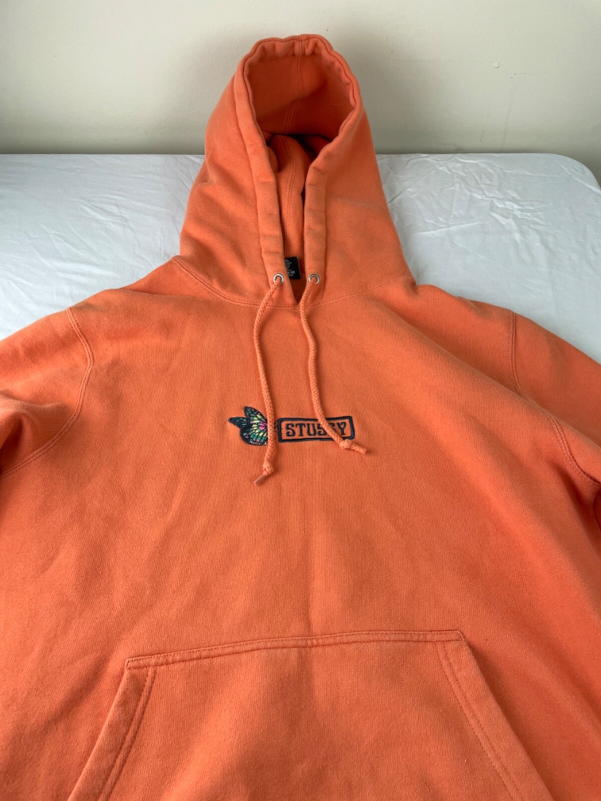 Stussy Men’s Large Orange Pullover Hoodie Sweatshirt w/ Embroidered Butterfly image 3