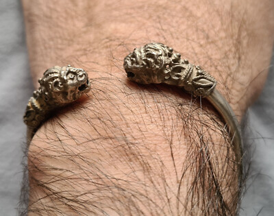 Bracelet Jonc Vintage En Argent Massif 925 | Têtes De Lions | Ouvert Occasion/Antique