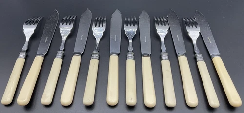 Vintage 12 Piece Faux Bone Handle Fish Cutlery Set - Chrome Plated - Picture 6 of 8