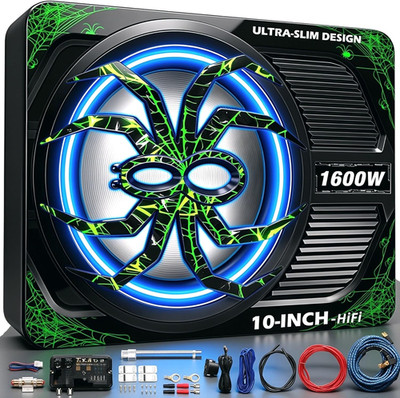 Upgraded 1600W Car Subwoofer, 10'' Ultra-Thin Under-Seat Sub with Built-In Amplif