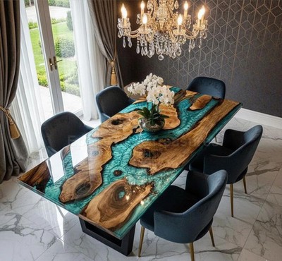 Live Edge Turquoise Epoxy River Table | Burl Wood Ocean Resin Handmade