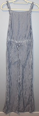 Roxy Jumpsuit Medium Blue White Striped Slit In Leg Low Back Drawstring Waist