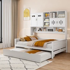 Full Size Wooden Daybed With Twin Size Trundle, and All-in-One Cabinet and Shelf