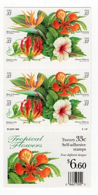 1999 33 cent Tropical Flowers complete booklet of 20 Scott #3313b