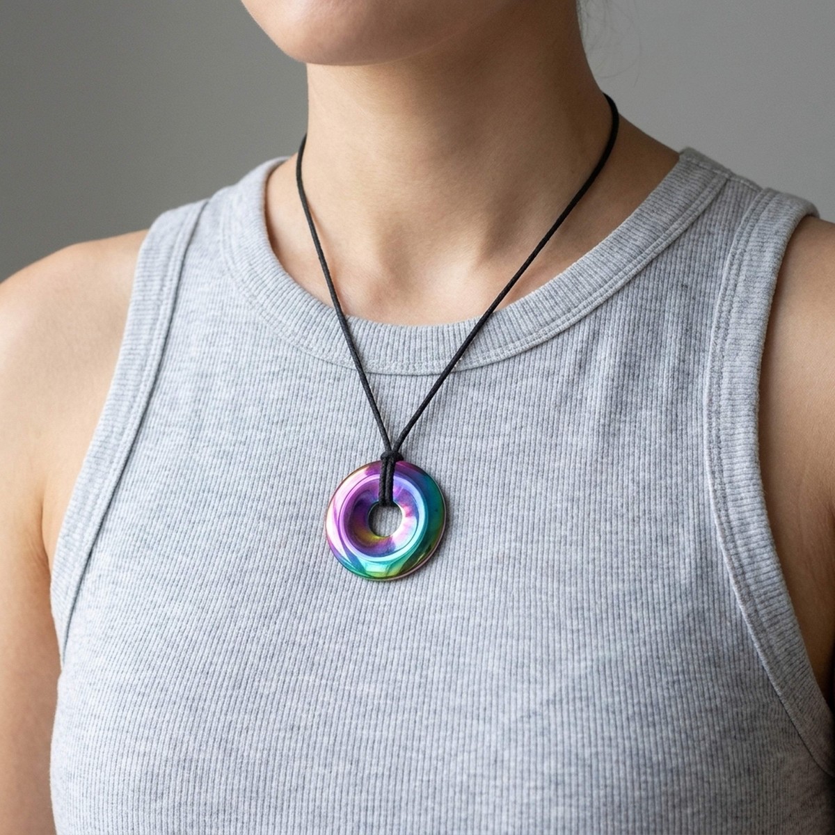 Regenbogen Hämatit Donut Anhänger 40 mm mit Baumwollband