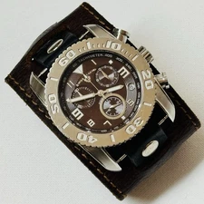 Swiss Legend Commander Wide Cuff Chronograph Watch Silver Brown Dial Leather