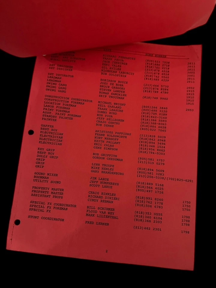 Флэш 1990 Warner Bros ТВ Экипаж Список Красная Бумага Грег Джин Эстейт Реквизит Редкий - Изображение 4 из 4