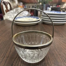 Vintage Reims France Cut Glass Silver-Plated Rim Decorative Handled Serving Bowl