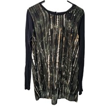 Simply VERA WANG Blouse Shirt Women's Size Large Black GREEN Geometric Artsy EUC