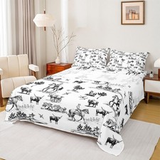 Western Sheet Set Queen Size Sketch Cowboy Cow and Horse Bedding Set 4Pcs Farm