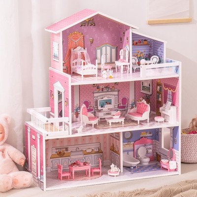 ROBUD Wooden Dollhouse Playset, 3 Stories, 5 Rooms, 24 PCS Furniture, Pretend Pl