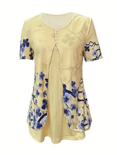 Summer New Short-sleeved Printed Fake Two-piece T-shirt V-neck Fashion Spike Top