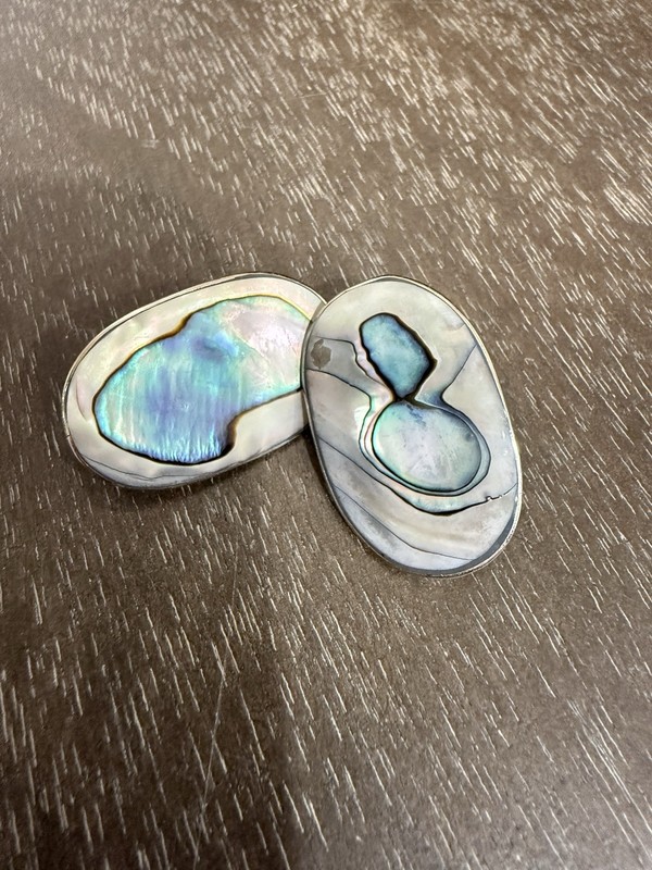 Vintagd Silver & Abalone Shell Clip On Earrings. Signed Alpaca Hecho En Mexico