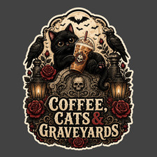 Black Cat Sticker Vinyl Decal Coffee Cats Graveyards Gothic Halloween